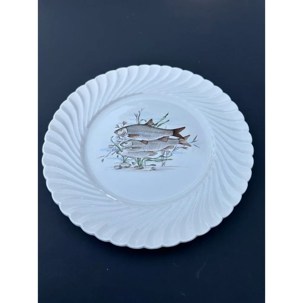 Vintage Plummer Ltd‎ French Porcelain Fish Plate White Swirl Gadroon Rim France